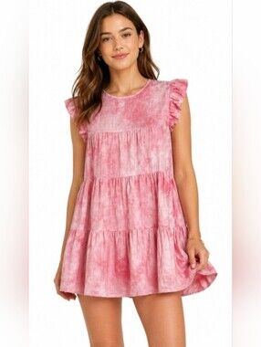 NWT Free The Roses Dyed Tiered Babydoll Boho Mini Ruffled Sundress Pink XS